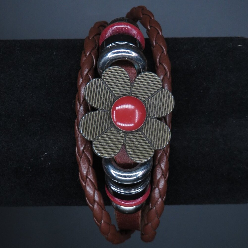 Leather Flower and Beaded Bracelet
